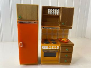 Vintage Lundby Dollhouse Orange Kitchen Stove Cabinets Fridge 1:16