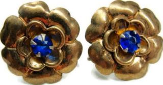 Blue Rhinestone Rose Flower Vintage Sterling Silver Screw Back Earrings Patina