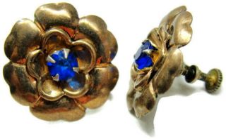 Blue Rhinestone Rose Flower Vintage Sterling Silver Screw Back Earrings Patina 2