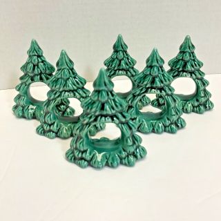 Ceramic Mold Green Glazed Christmas Trees Set Of 6 Napkin Rings Holder Vintage