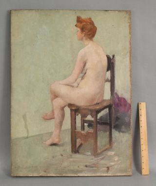 1906 Antique American Portrait Oil Painting,  Nude Woman Redhead On Chair Nr