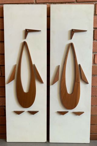 Vintage Peter Pepper Abstract Wood Penguin Wall Hangings Mid Century Modern 60s