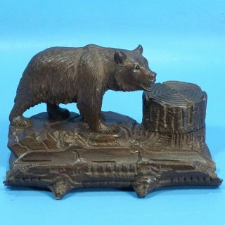 7 " Antique Swiss Black Forest Wood Carved Inkwell Pen Tray Bear Hunt Brienz