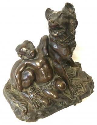 Antique French Bronze Cherub Boy Child With Wolf And Snake Figure Statue
