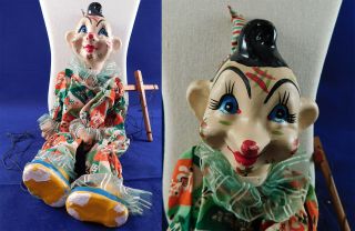 Vintage 1940s Hand Painted Composition Clown String Marionette Puppet Toy 16”