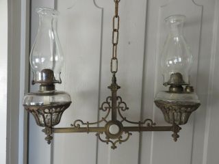 Antique 19th Century Cast Iron Hanging Double Bracket W/glass Oil Lamps Parts