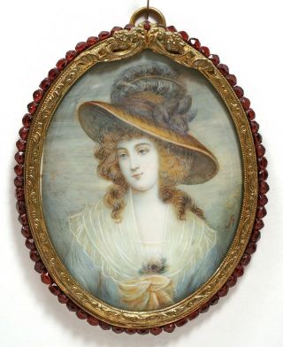 Antique 19th C.  Miniature Portrait Of Lady Gainsborough Style Garnet Bead Frame