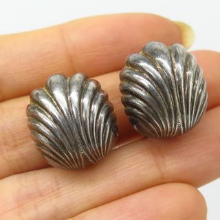 Vintage Signed 925 Sterling Silver Seashell Design Hollow Clip On Earrings