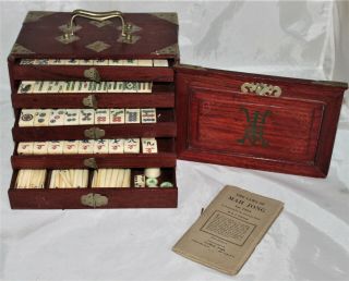 Antique 1920s Mahjong Set Bone & Bamboo Complete 144 Tiles 121 Sticks In Case
