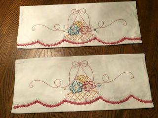 Vintage Hand Embroidered Pillowcase Pair Flower And Bow White And Pink Crochet