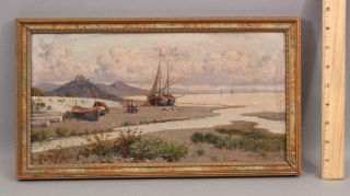 Sm Antique 19thc Giuseppe Corelli Italian Oil Painting Fishing Boats & Mountains