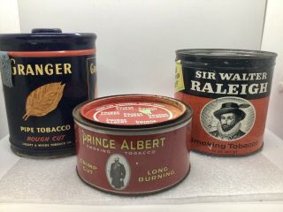 Vintage Tobacco Metal Tins Including Granger,  Sir Walter Raleigh,  Prince Albert