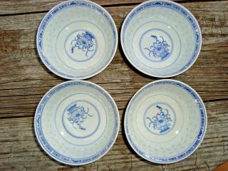 Vintage Chinese Rice Grain Porcelain Bowls 4 Blue White With Flowers Bats