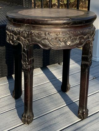 Antique Chinese Carved Rosewood Marble Top Plant Stand Table