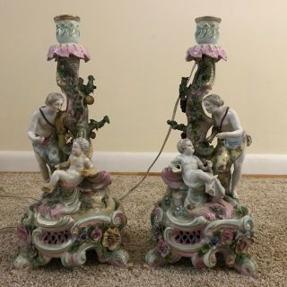 Antique 19th C Meissen Style German Porcelain Four Seasons Candelabra Lamps