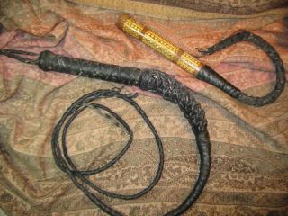 2 Vintage Black Leather Braided Whips Paniolo Goucho Cowboy Cowgirl Horse