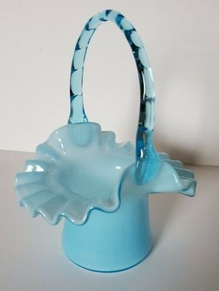Vintage Fenton Blue Overlay Ruffled Top Hat Basket With Blue Reed Handle