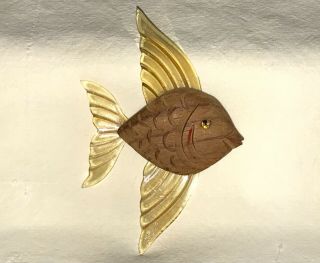Vintage Elzac Carved Wood & Lucite Fish Pin