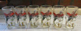 6 Vintage Pheasant Glasses With Hunting Scene Hazel Atlas Glass Company 1950s