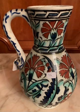 Antique Iznik - Style Cantagalli Pottery Jug,  Decorated With Blue T
