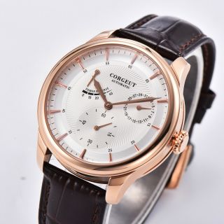 Corgeut 40mm White Dial Date Rose Gold St1780 Power Reserve Automatic Mens Watch