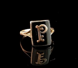 Antique Mourning Ring,  Victorian 9ct Rose Gold,  Onyx,  P Initial