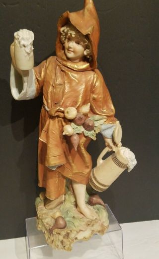 Antique Royal Dux Porcelain Figurine.  Boy With Beer Steins & Turnips 17.  5 ".  363