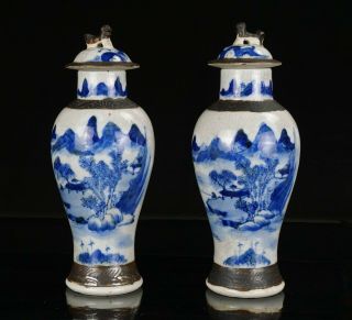 Pair Antique Chinese Blue And White Ge Type Porcelain Vase & Lid Marked 19th C
