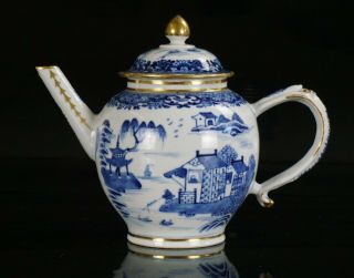 Fine Chinese Antique Blue And White Gilt Porcelain Teapot & Lid 18th C Qianlong