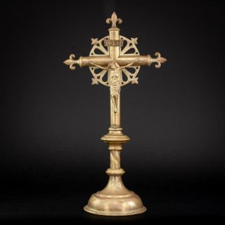 Altar Crucifix | Standing Church Gilt Bronze Brass Cross | Antique Christ 17.  5 " _