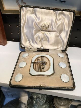 Antique Guilloche Enamel Solid Silver Set Of Buttons & Buckle Case Birmin