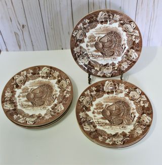Antique WOODS Porcelain BURSLEM Brown TURKEY 10 plates set transferware England 2