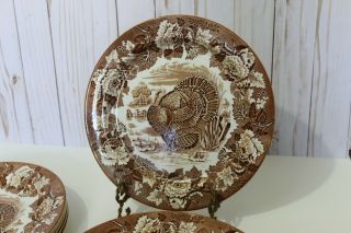 Antique WOODS Porcelain BURSLEM Brown TURKEY 10 plates set transferware England 5