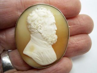Antique Victorian Finely Carved Shell Cameo Of A Gentleman In Silver Gilt Frame