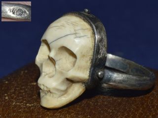 Antique Victorian 19th Ring Silver 84 Memento Mori Skull Vanitas Mason Doctor