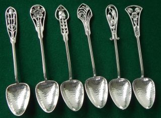 Cased Set 6 Australian Sterling Silver Spoons,  James Linton Arts & Crafts,  11cm 2