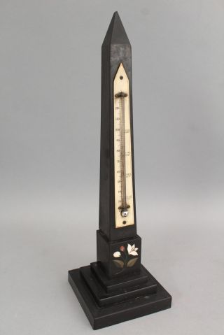 Antique Italian Grand Tour Pietra Dura Inlaid Slate Stone Obelisk Thermometer