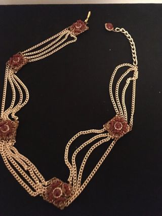 Vintage Exquisite Necklace Amber Rhinestones Gold Plated Tone 32” Length Nos