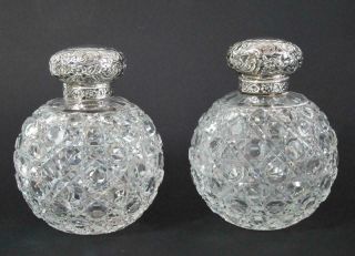 Fine Large Antique Sterling Silver & Cut Glass Scent Bottles 1890