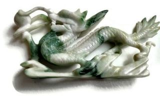Vintage Hand Carved Stone Chinese Dragon & Pearl Carving Green White Marbled