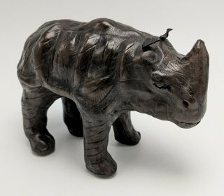 Vintage Leather Rhinoceros Figurine Glass Eyes Hand Crafted Sculpture Toy