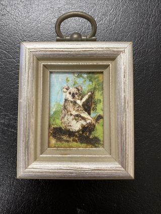 Vintage Miniature Painting - Koala Bear In Silver - Tone Frame - 1.  75 " X 2.  25
