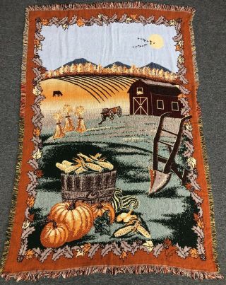Vintage 68 " Woven Autumn Fall Harvest Pumpkin Barn Farm Corn Cow Tapestry Throw