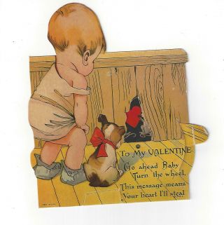 Adorable Vintage Large Valentine Card Mechanical Little Boy His Dog And Mice