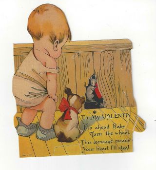 Adorable Vintage large Valentine Card Mechanical Little boy his dog and mice 3