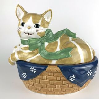 Vintage B&d Ceramic Cat In Basket Cookie Jar Japan