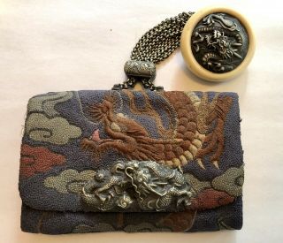 Antique Japanese Tobacco Pouch Leather Embroidered Dragon With Netsuke