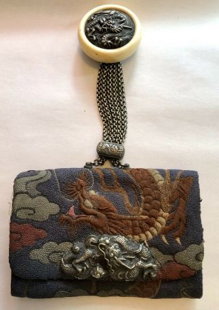 Antique Japanese Tobacco Pouch Leather Embroidered Dragon With Netsuke 2