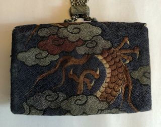 Antique Japanese Tobacco Pouch Leather Embroidered Dragon With Netsuke 4