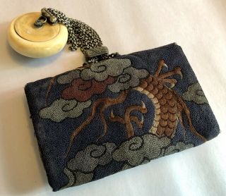 Antique Japanese Tobacco Pouch Leather Embroidered Dragon With Netsuke 5